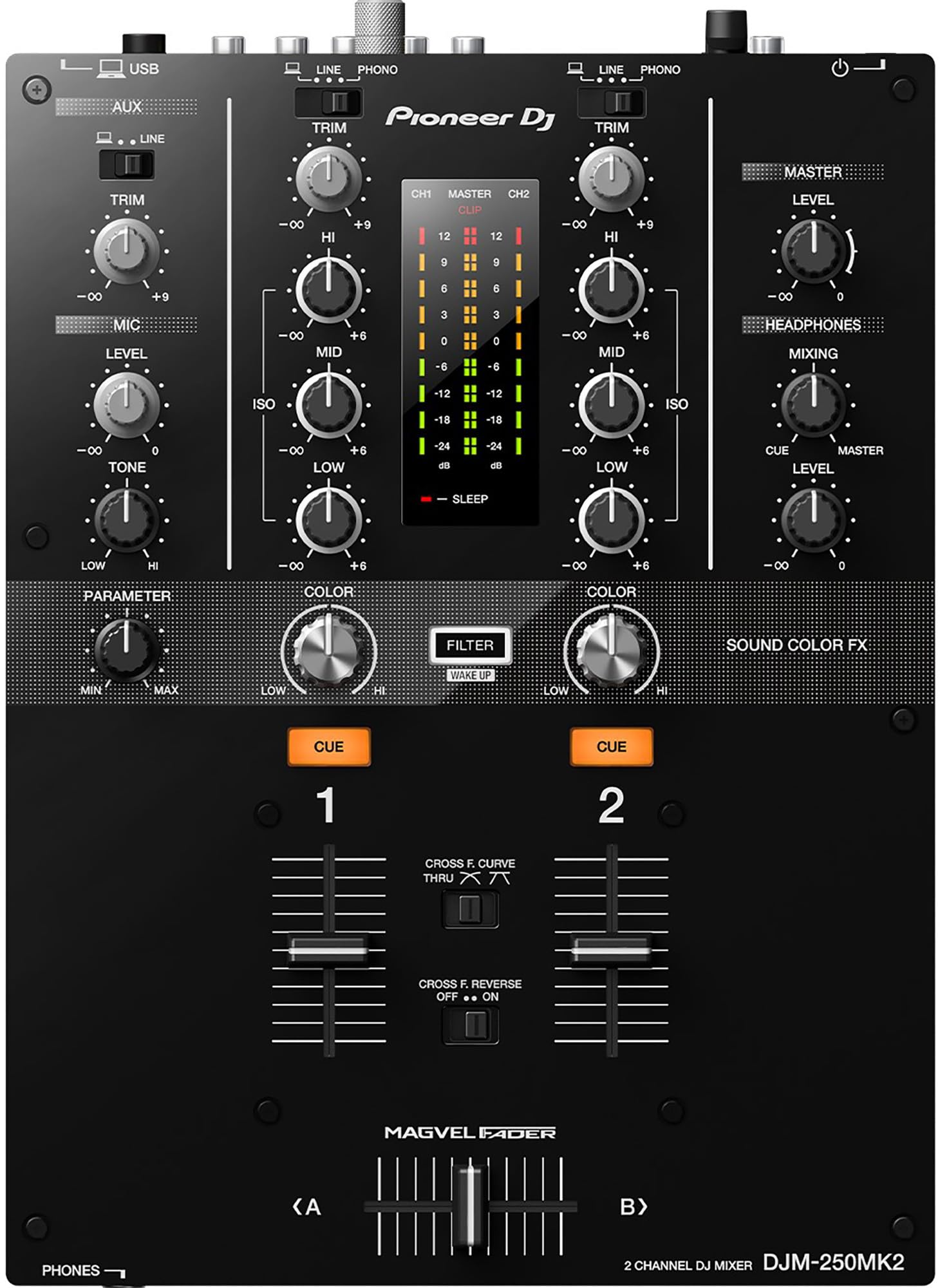 Pioneer DJM-250MK2 2-Channel DJ Mixer with Independent Channel Filter - Bundle with Headphones, XLR Cable, and Austin Bazaar Polishing Cloth