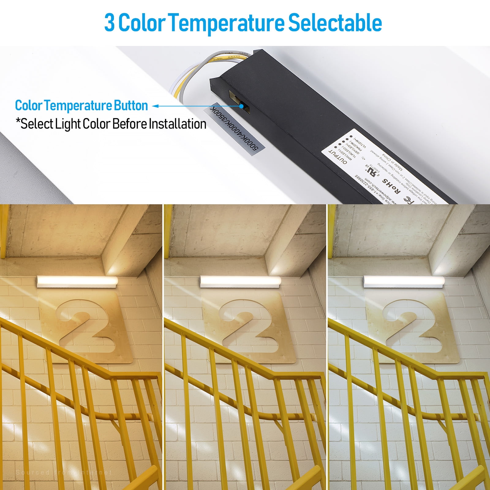 4FT 3CCT LED Stairwell Strip Light, 30W/40W/50W Adjustable, 120V-277V, 0-10V Dimmable, Surface Mount Commercial Corridor Light