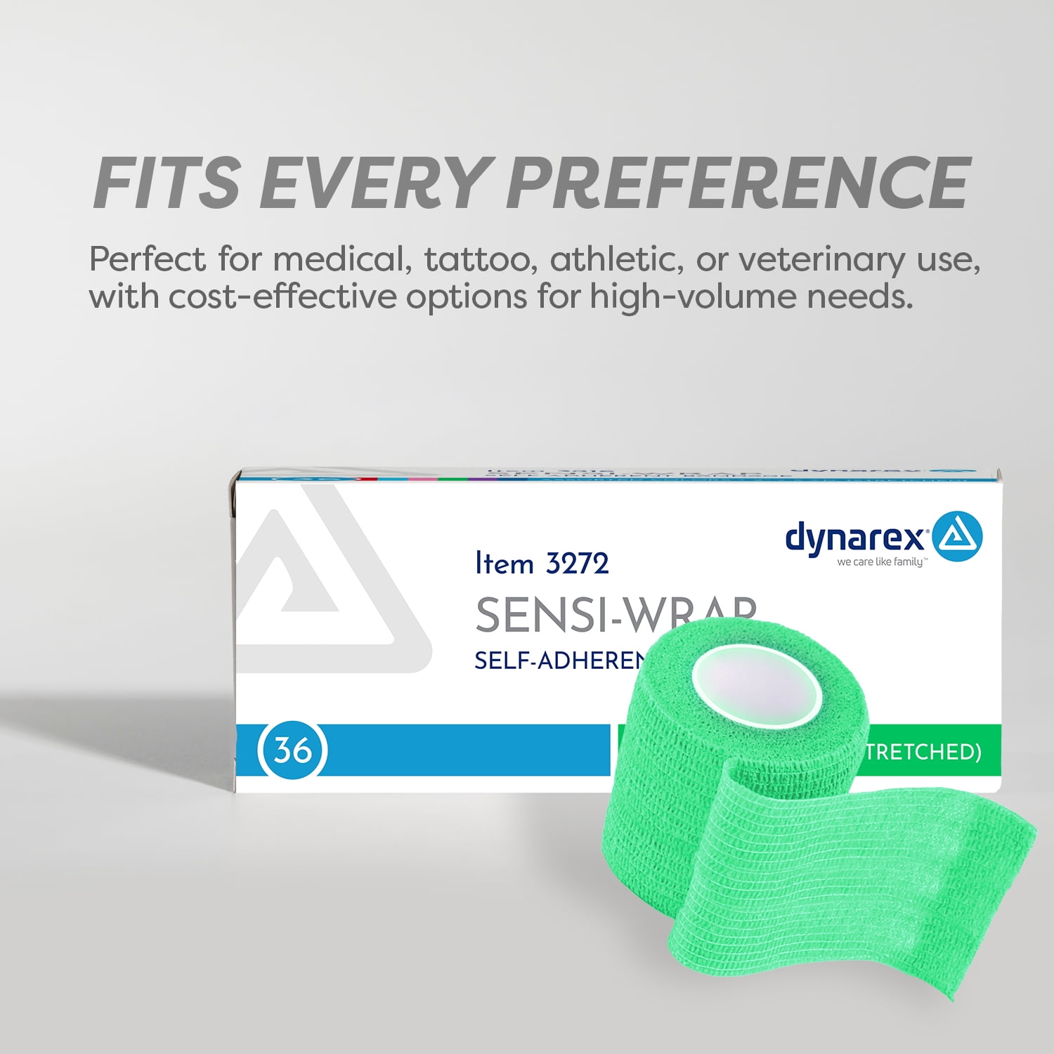 Dynarex Sensi-Wrap Self-Adhesive Bandages, 36-Pack, 2" x 5 yards, Green, Latex, Colored Elastic Cohesive Athletic Tape, Tattoo Grip & Vet Wrap