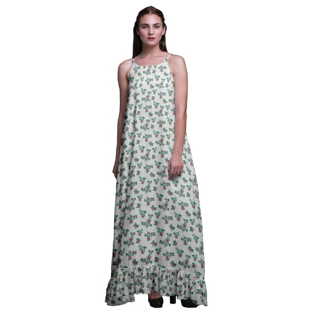 Bimba White2 Floral Leaves & Rose Nightwear For Women Printed Nightgown Spaghetti Strap Maxi Dress Sleepwear Small