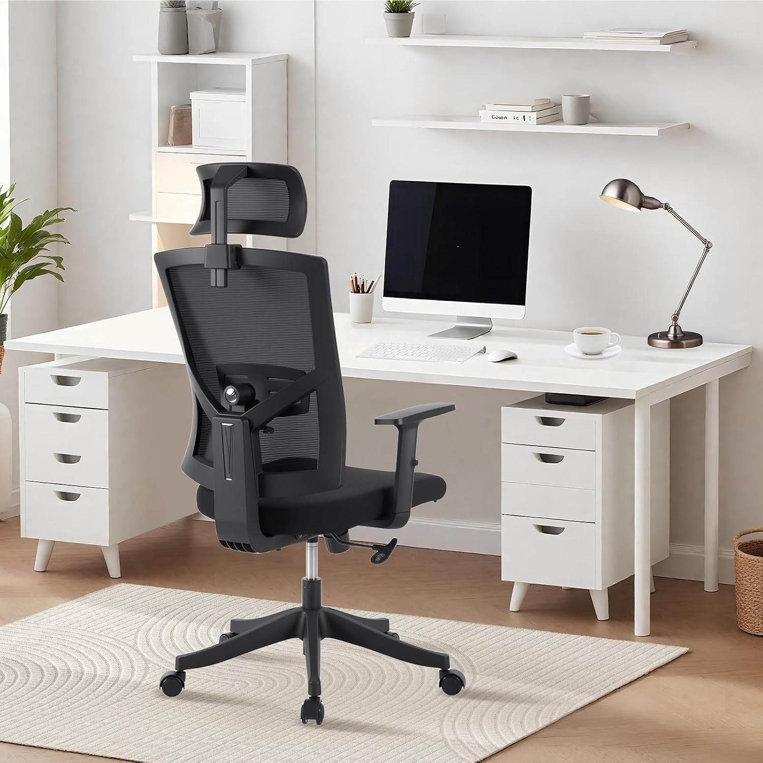 Rugerasy High Back Mesh Office Chair,Ergonomic Desk Chair Reclining,Full Ergonomic Support,Space-Saving Flip-Up Arms,Adjustable Headrest & Recline for Gaming,Black + Black