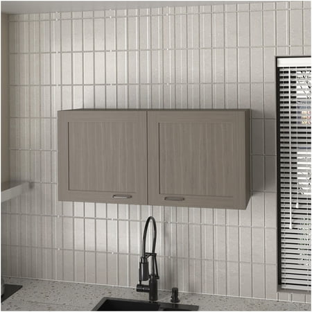 Utica Beige Wall Cabinet with Mirror Front & Clear Shelves for Modern Kitchen Organization