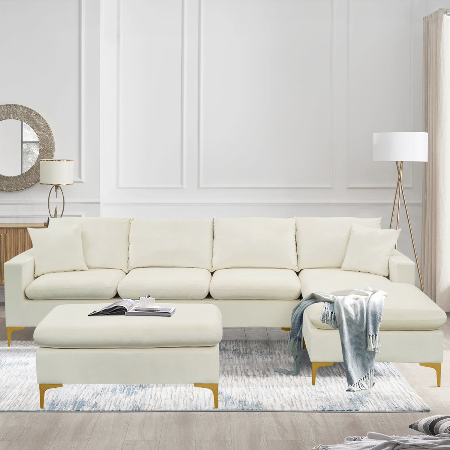 Kadyn 110.6" Sectional Sofa, L-Shape Elegant Velvet Couch with Ottoman and 2 Pillows, Upholstered Sectional Sofa for Living Room Apartment,Cream White Kadyn 110.6" Sectional Sofa, L-Shape Elegant Velvet Couch with Ottoman and 2 Pillows, Upholstered Sectional Sofa for Living Room Apartment,Cream White
