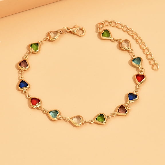 Elegant Temperament Mixed Color Rhinestone Inlaid Chain Anklet Metal Heart Ankle Bracelet For Women Daily Wear