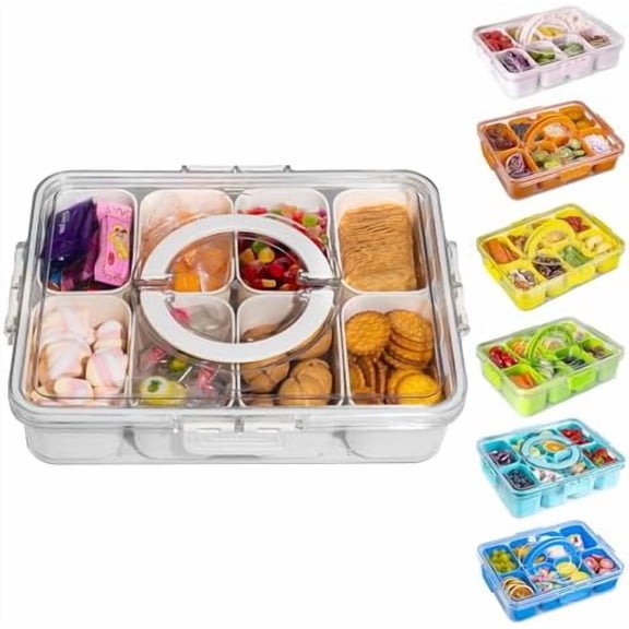 Divided Snack Serving Tray with Lid and Handle travel Snackle Box Charcuterie Container Portable Storage Organizer for Candy, Fruits, Nuts, Snacks 1Pack White