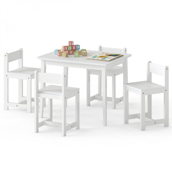 Kids Wooden Table and Chairs Set 1 Table  4 Chairs Rubber Wood Toddler Activity Table Set White