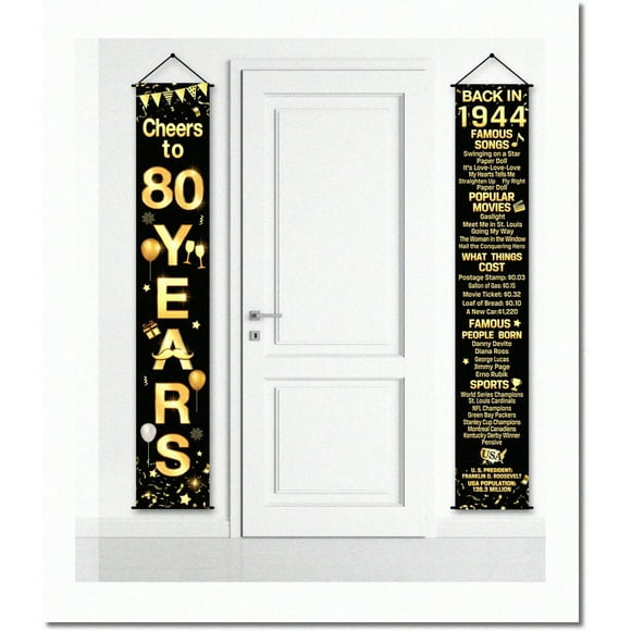 Cheers to 80 Years Party Pack - 80th Birthday Decorations Set with Banner, Porch Sign, and Supplies - 1944 Vintage Theme Celebration