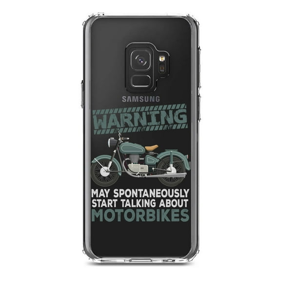 DistinctInk Clear Shockproof Hybrid Case for Samsung Galaxy S9 (5.8" Screen) - TPU Bumper Acrylic Back Tempered Glass Screen Protector - Spontaneously Talking About Motorcycles