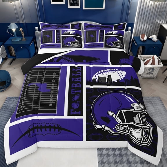 jejeloiu American Rugby Ball Twin Comforter Sets,Purple Football Helmet Bedding Set For Bots Teens Reversible 2 Pieces