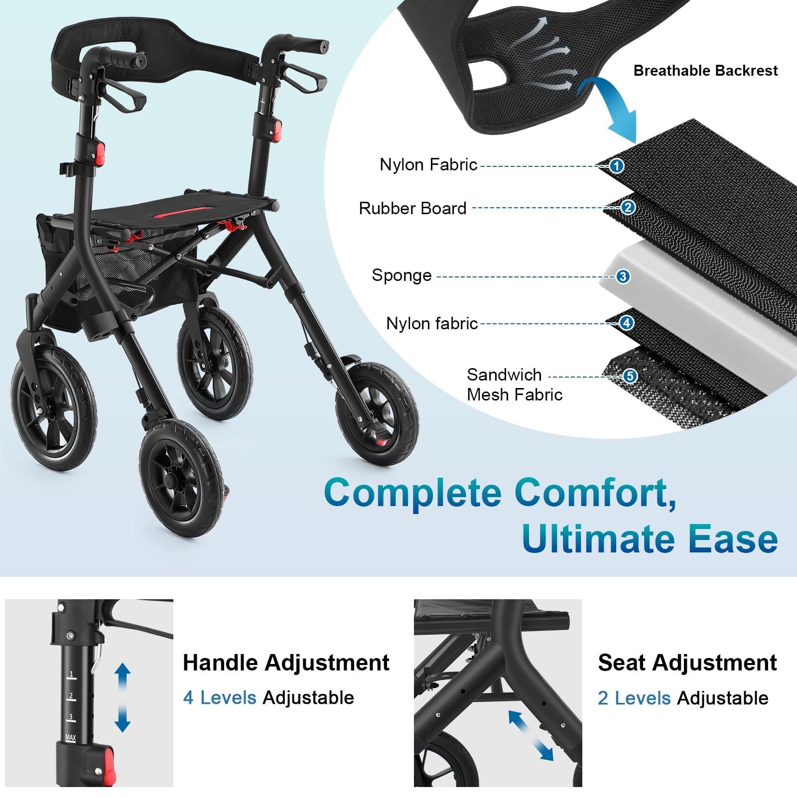 Rollator Walker For Seniors, Lightweight Foldable All Terrain Rolling Walker Seat Aluminum Walkers 8 Inch Rubber Wheels Handles Backrest Seniors Adult Blue - View #5