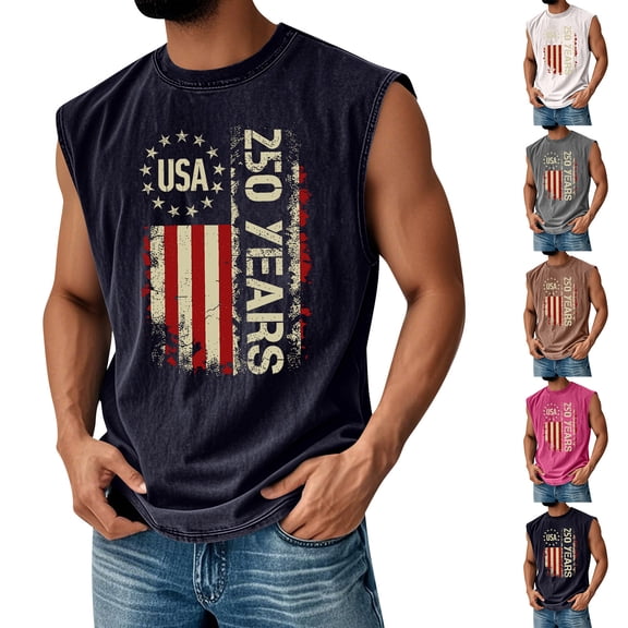 Men's Crew Neck Muscle Tee with "USA" Surrounded by Stars and Vertical "250 Years" Text Beside Distressed Striped Flag, Soft Cotton Blend for Daily Wear Black L