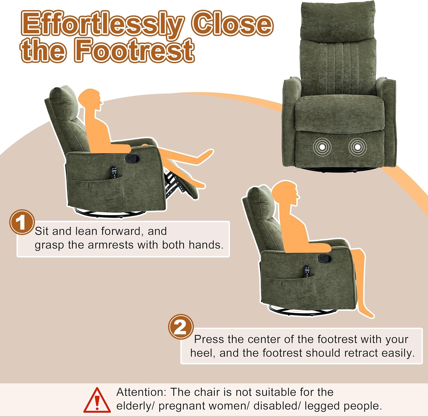 AENKYO Swivel Recliner Chair, Manual Rocking Massage Chair, Heated for Adults, for Living Room,Green Chenille