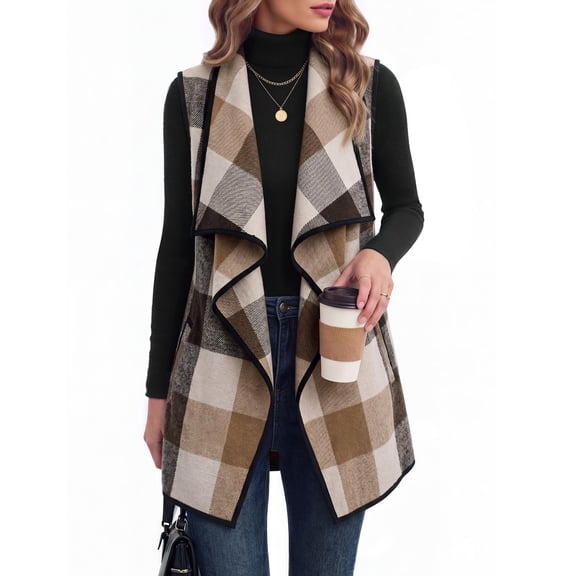 Zeagoo Women Tunic Vest Plaid Jackets Sleeveless Long Flannel Shirts with Pockets Dressy Fall Winter Trendy