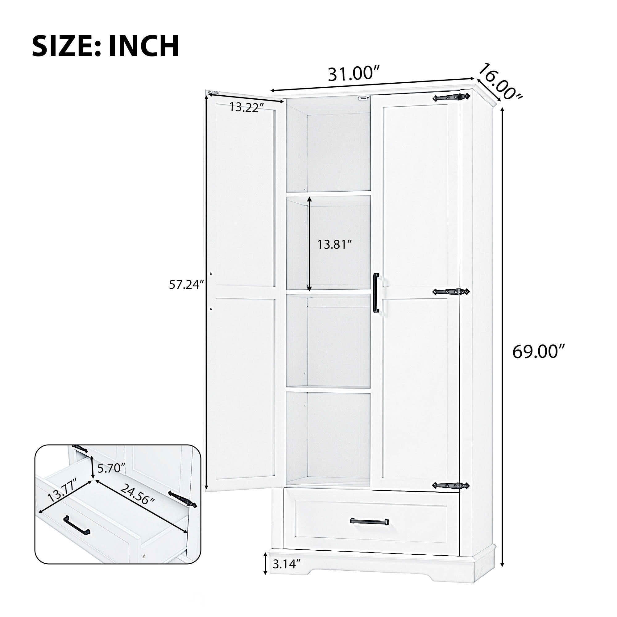 MAYEERTY Tall Bathroom Cabinet 2 Doors 1 Drawer Adjustable Shelf MDF White