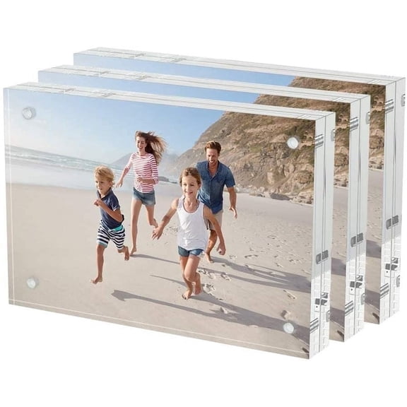 LTECARP 3 Pack 6" x 4" Acrylic Picture Frames, Clear Picture Frames, 20% Thicker Freestanding Double Sided Magnetic Acrylic Lucite Frameless Transparent Square Frame Block Gift for Desktop Display