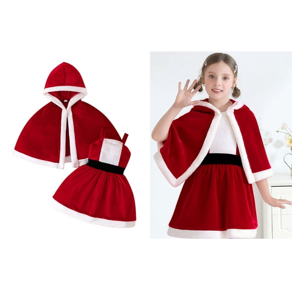 Santa Claus Dress for Girls Christmas Dress Baby Girl Sleeveless Red Velvet Dress with Red Riding Hood Cape Girl Christmas Outfit Party Dress 18-24 Months