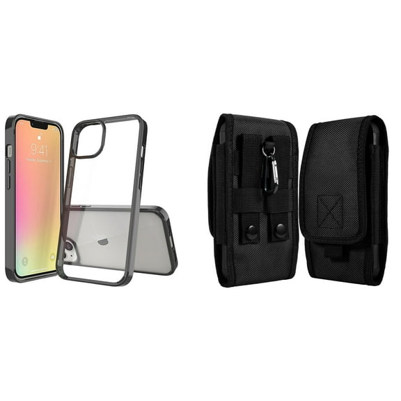 Bemz Case and Pouch Bundle for iPhone 14 Pro: Fusion Protector Slim Case (Black/Clear) and Vertical Rugged Nylon Belt Holster