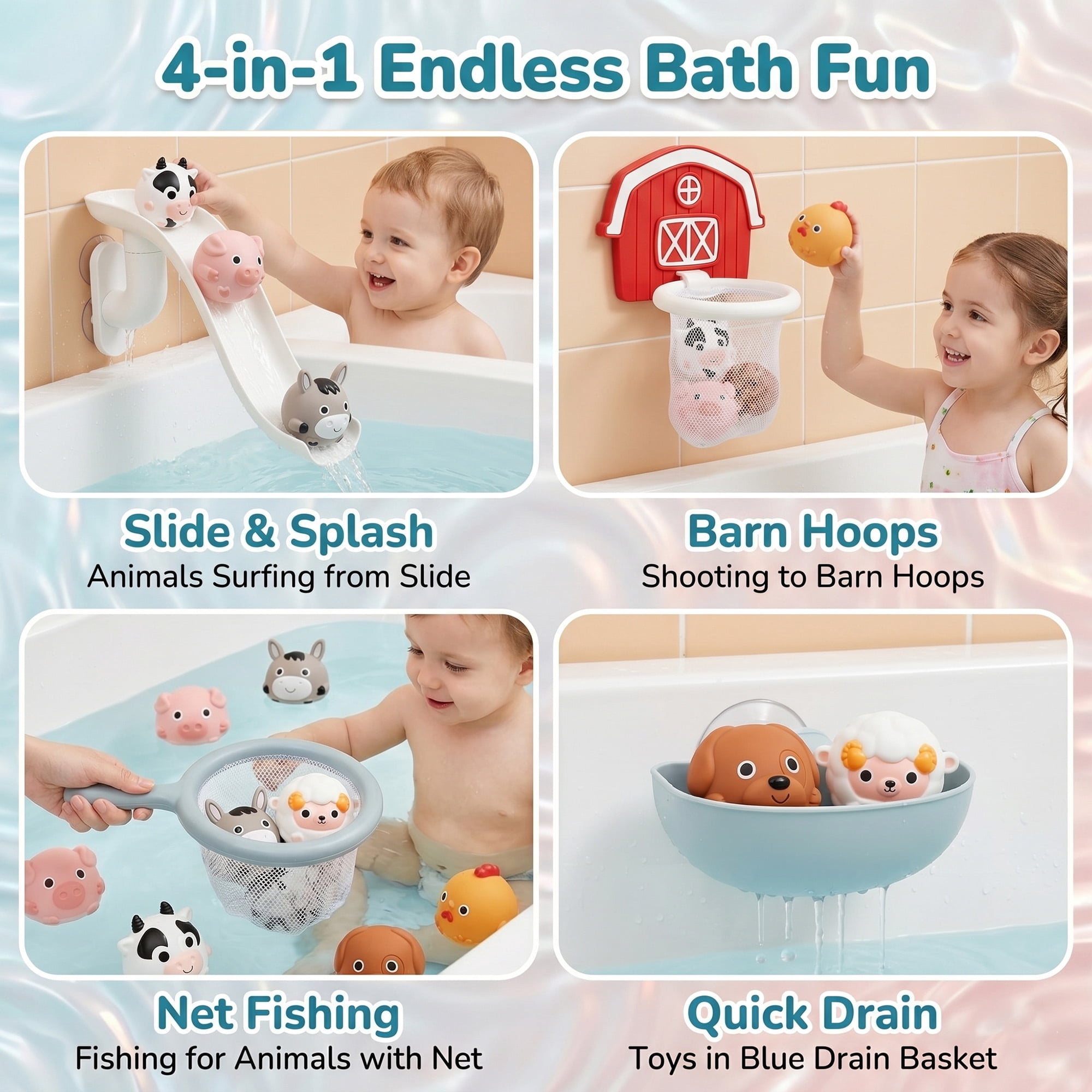 10-Piece No-Hole Farm Bath Toys for Toddlers 1-3, Bathtub Slide with Basketball Hoop and 6 Animals, Mold Free Easy Clean Baby Bath Toy Gifts