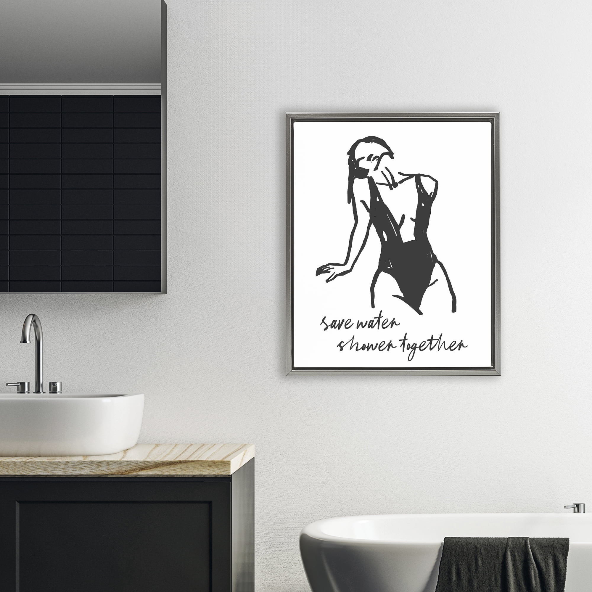 Stupell Industries Save Water Shower Together Gray Framed Floater Canvas Wall Art, design by Lettered and Lined