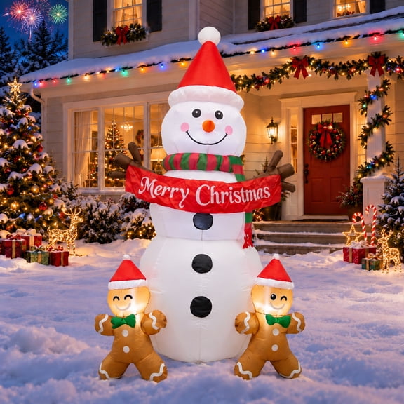 Glazina 6ft Christmas Inflatable Snowman with Gingerbread Man, LED Lights, Christmas Blow Up for Outdoor Decoration