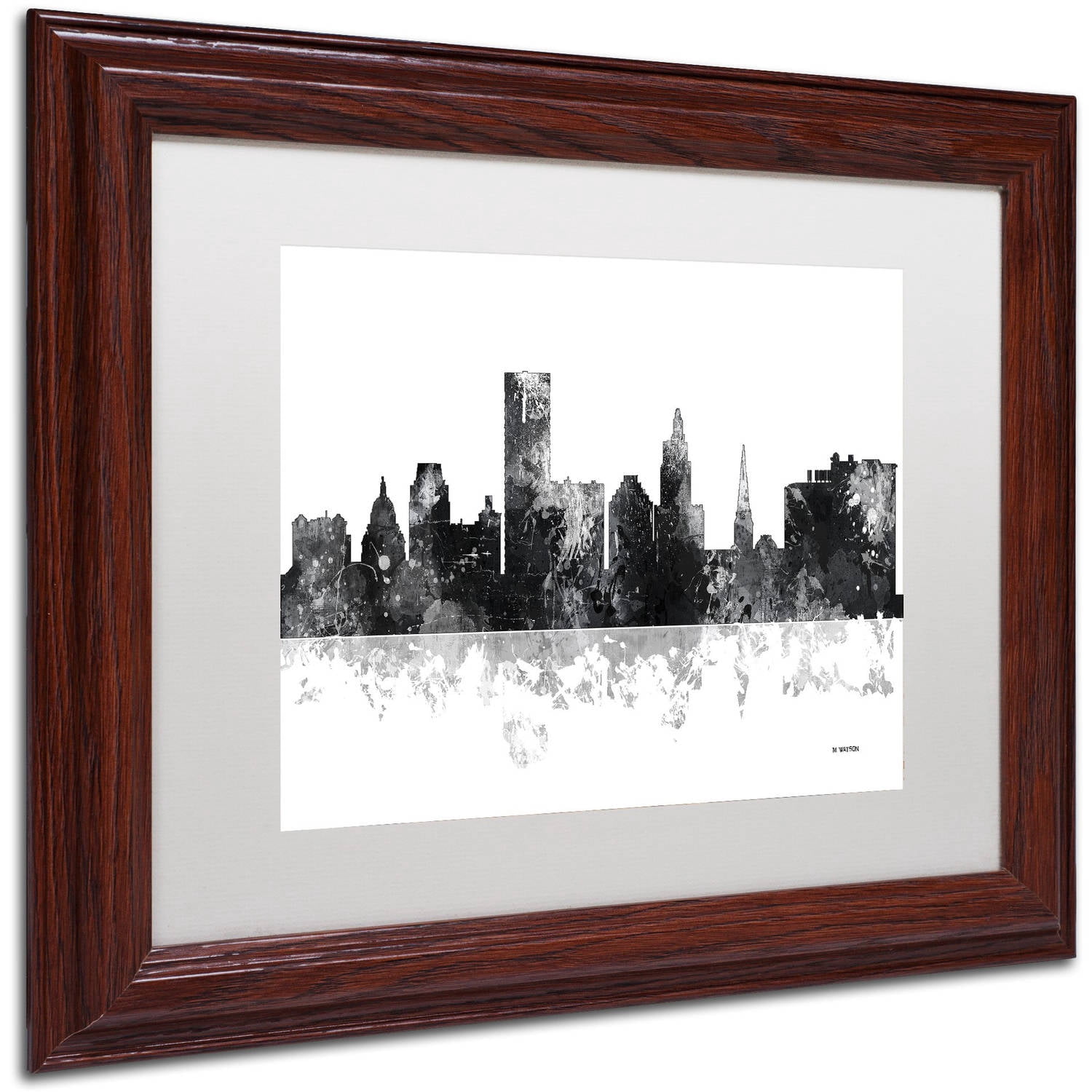 "Providence RI Skyline BG-1" Canvas Art by Marlene Watson, White Matte, Wood Frame