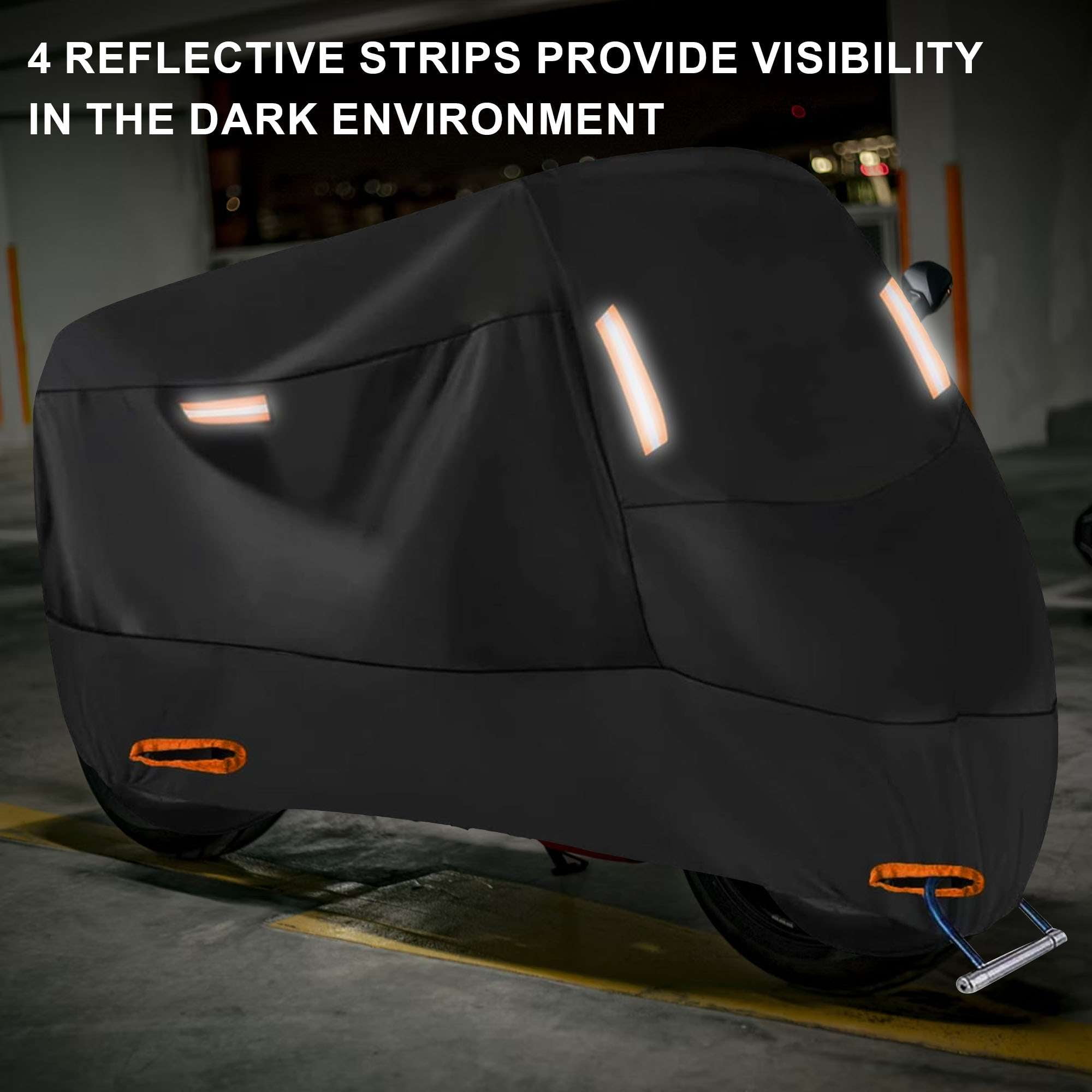 Deago Motorcycle Cover Heavy Duty All Season Waterproof Outdoor Sun Protection Night Reflective with Lock-Holes & Storage Bag Fits up to 90.6" Motorbike Vehicle