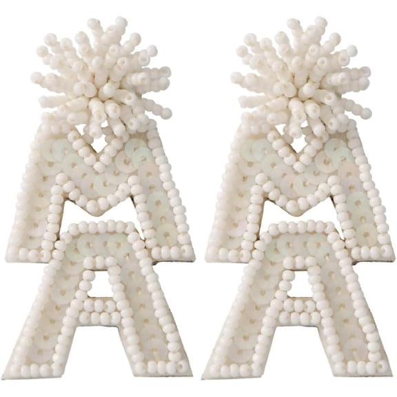 Zephyriana Handmade Beaded MAMA Dangle Earrings Rhinestone Mother’s Day Earrings Mither's Gift for Mom Grandmother-white