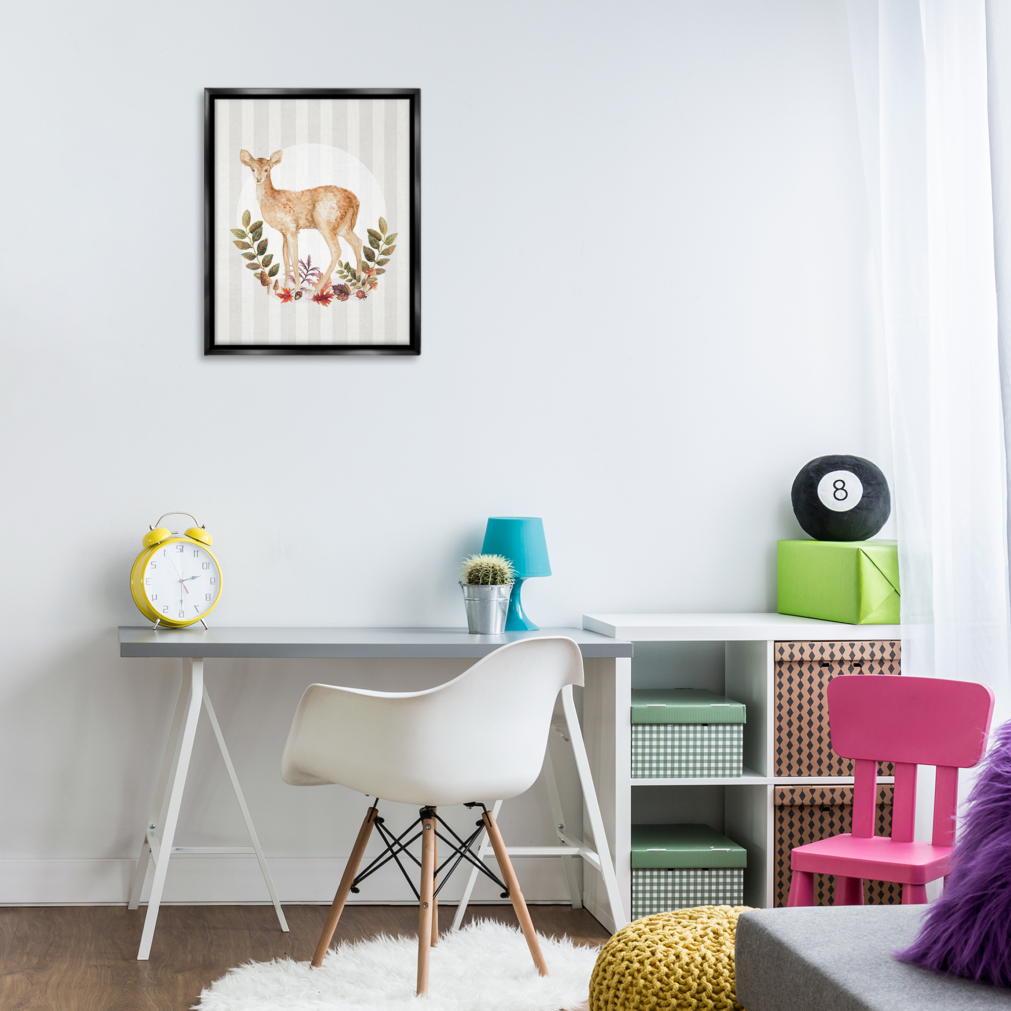 Stupell Industries Forest Fawn on Stripes Animals & Insects Painting Black Floater Framed Art Print Wall Art, 17 x 21