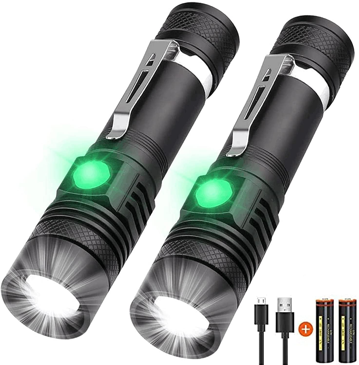 USB Rechargeable LED Torch Flashlight Waterproof Zoom Camping Outdoor Hiking 2PK 