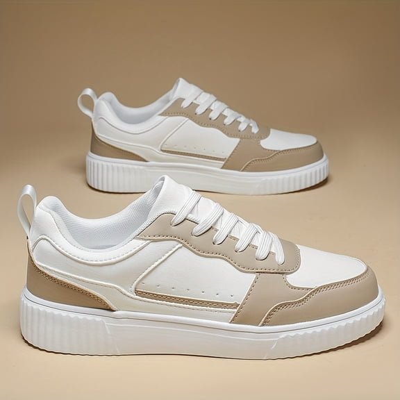 Men'S Classic Low-Top Casual Sneakers in White And Beige - Stylish Lace-Up Shoes Featuring a Textured Surface, Comfortable Fabric Lining, And MD Sole Suitable for All-Day Wear, Perfect for Casual