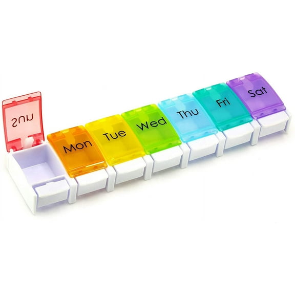 Portable Weekly 7-Day Pill Organizer, Travel Medicine Box, Rainbow Color, BPA Free with Easy Push Button Design Case Holder for Pills/Vitamin/Supplements/Medicine