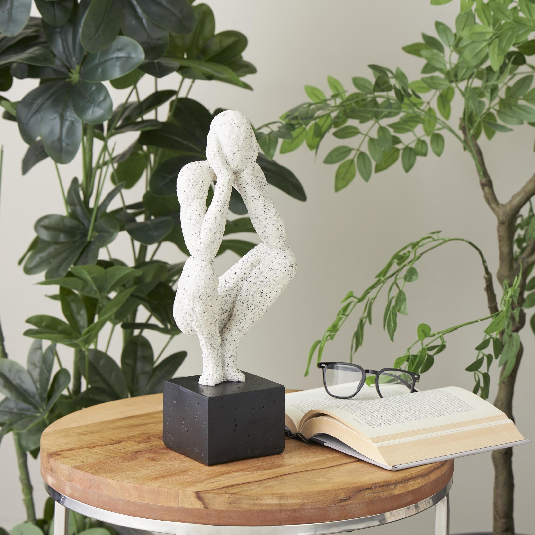6" x 16" Cream Polystone Crouching People Sculpture with Black Square Base, by DecMode