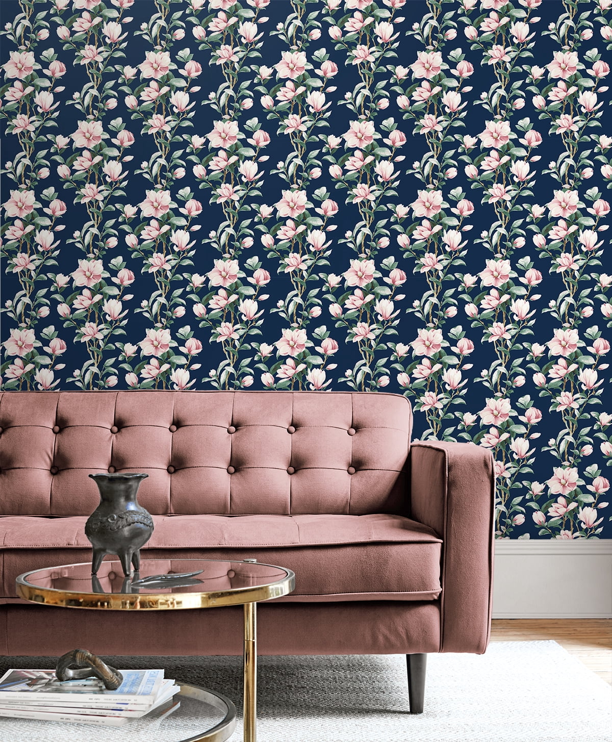 NextWall Navy & Blush Magnolia Trail Peel and Stick Wallpaper
