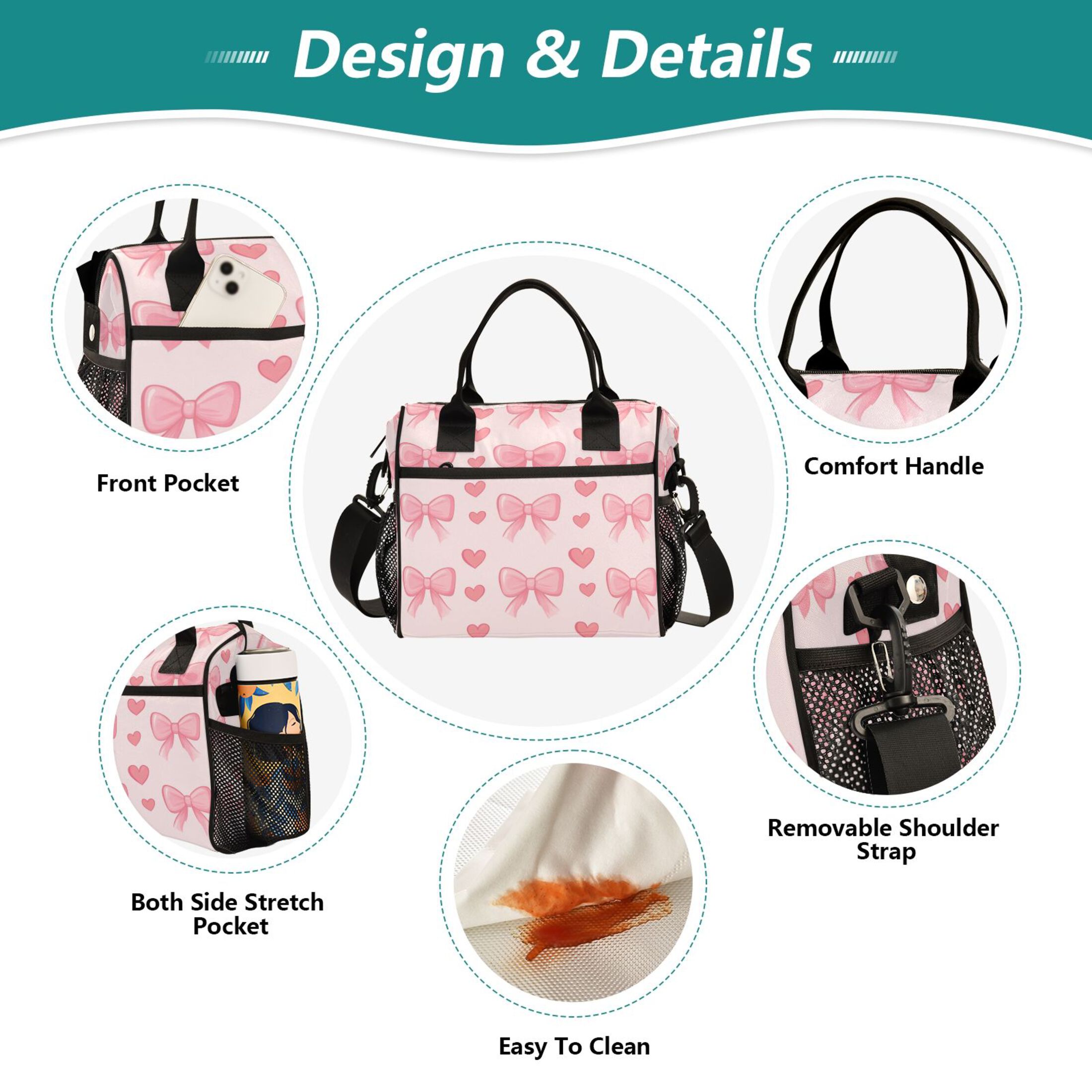 Small Cooler Bag Lunch Bag Portable Meal Bag Work Meal Bag Outdoor Meal Bag Travel Meal Bag Picnic Meal Bag Going Out Meal Bag Pink Bow