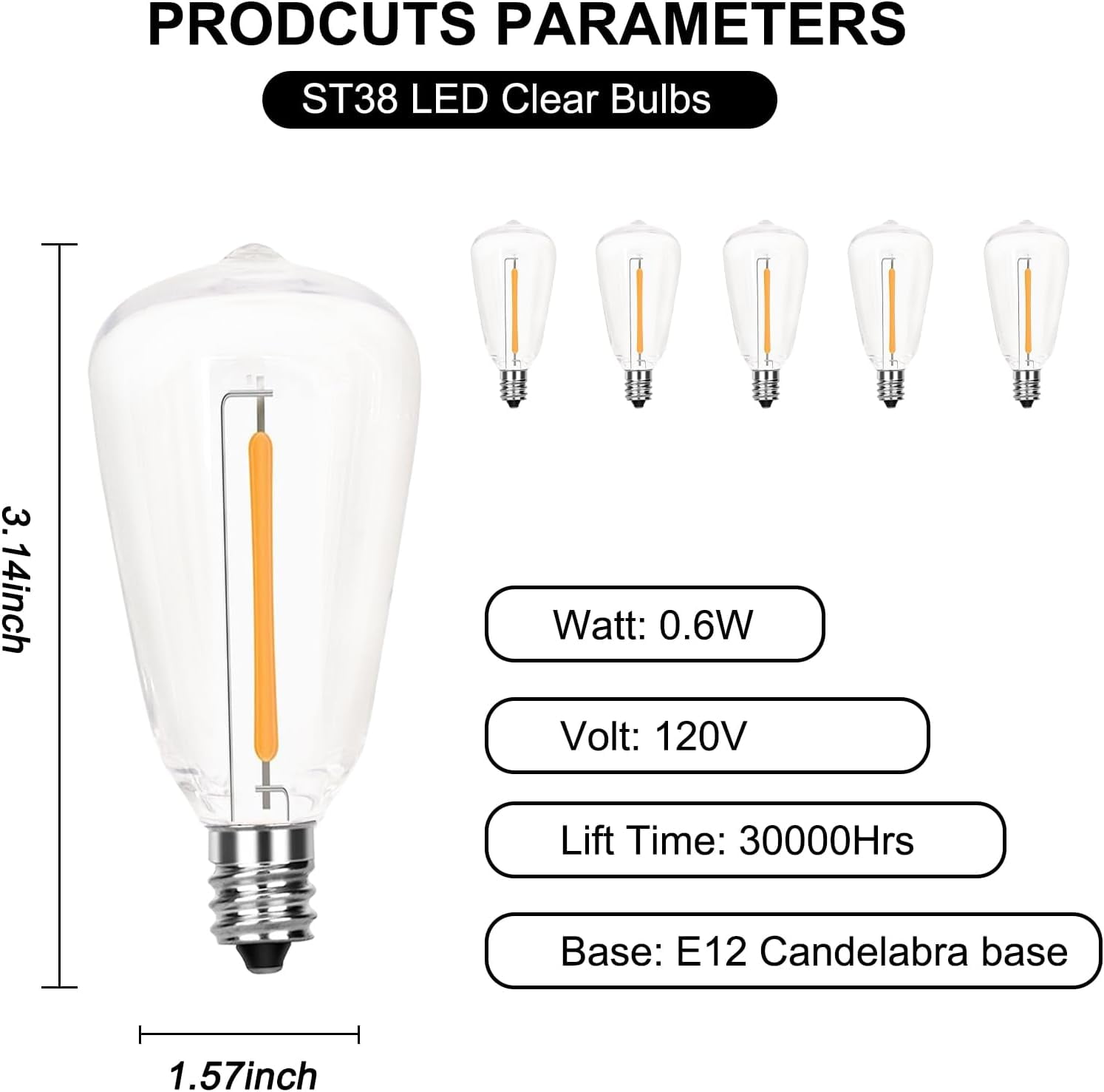 25 Pack Edison Light Bulbs,ST38 LED Clear Replacement Bulbs Fits C7 E12 Base Light,0.6W Vintage Dimmable Waterproof Light Bulbs for Indoor Outside Night Light String Lights