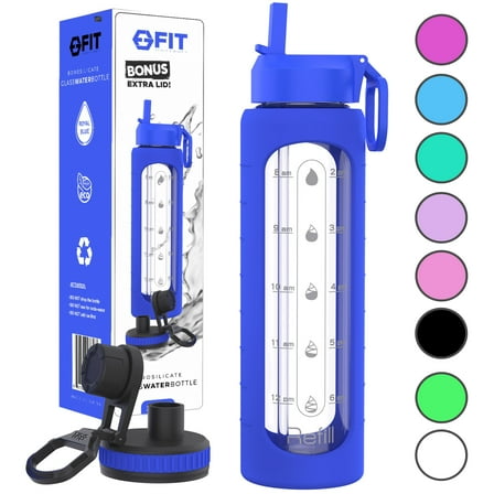 32 oz Glass Water Bottle with Time Marker Reminder and Silicone Sleeve (Royal Blue) - Reusable, Wide Mouth, Leakproof, 1 Liter Glass Drinking Bottle, BPA Free, Motivational Water Bottles for Hydration
