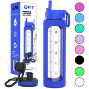 32 oz Glass Water Bottle with Time Marker Reminder and Silicone Sleeve (Royal Blue) - Reusable, Wide Mouth, Leakproof, 1 Liter Glass Drinking Bottle, BPA Free, Motivational Water Bottles for Hydration