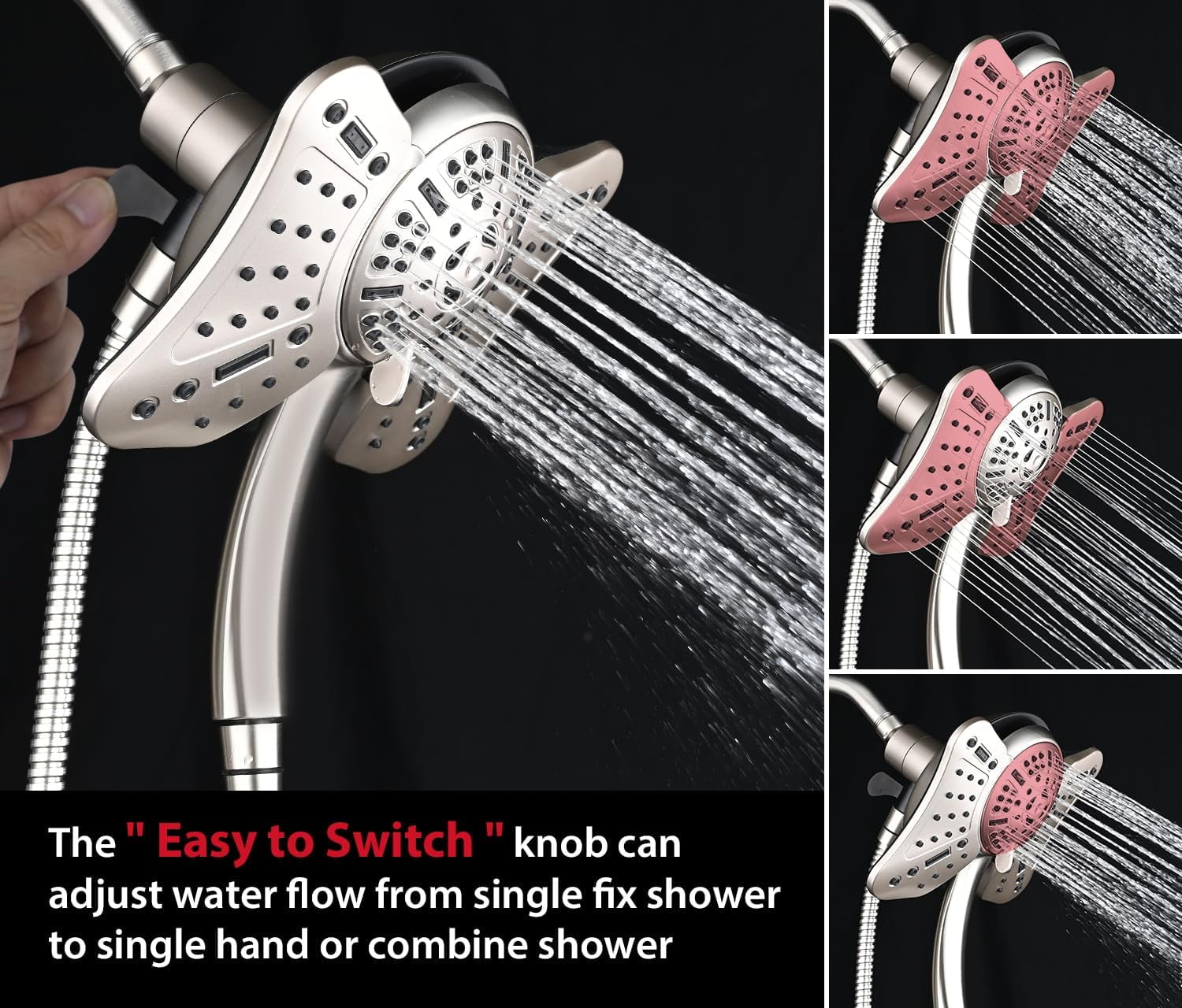 KESTE Shower Head with Handheld Combo: High Pressure 2 in 1 Waterfall Shower Heads with Detachable Handheld Shower Head, 9 Mode Adjustable, Dual Showerhead with Anti-Clog Nozzles and Hose, Nickel