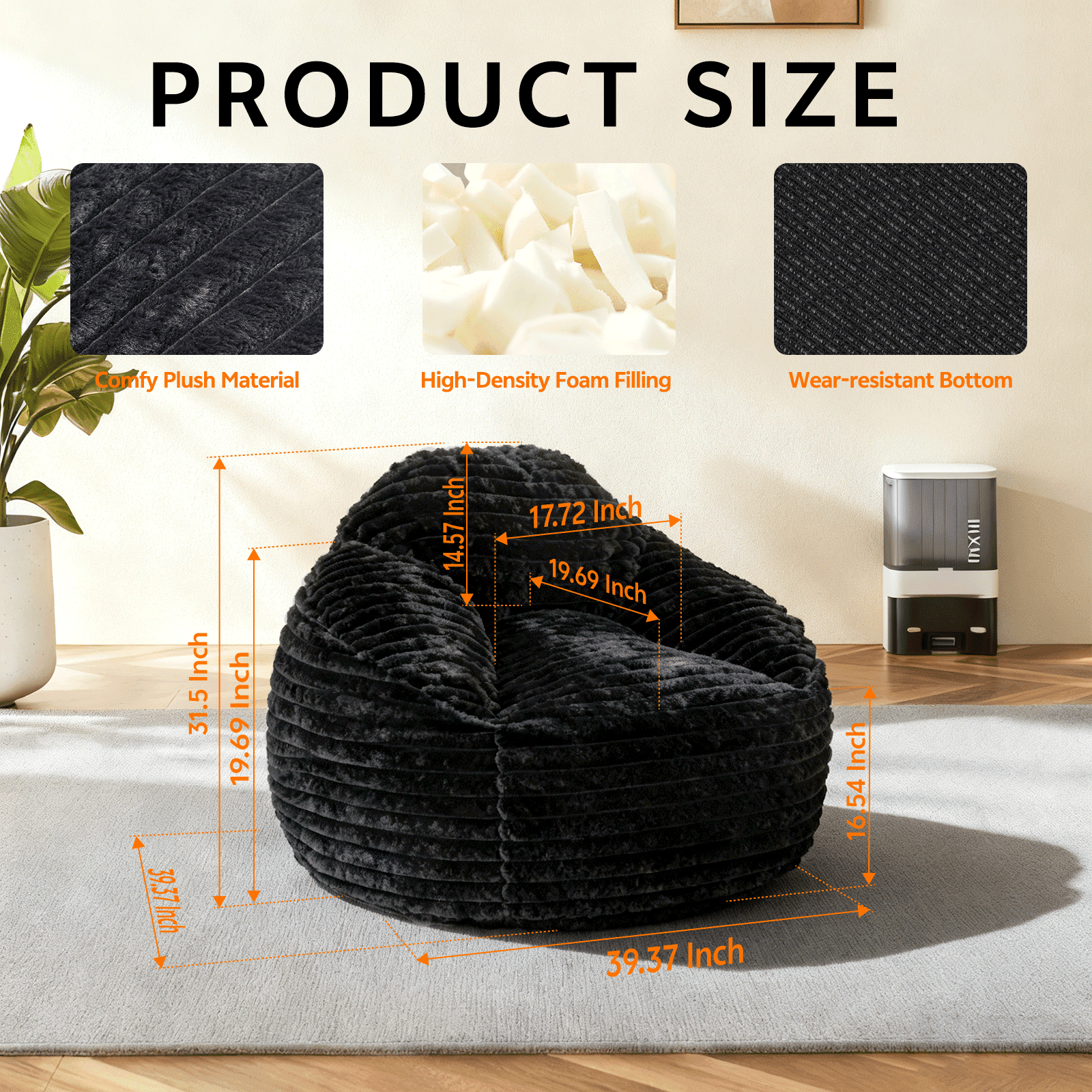 Oversized Bean Bag Chair, Beanbag for Adults, Comfy Refillable Single Sofa for Living Room, Bedroom, Dorm, Black