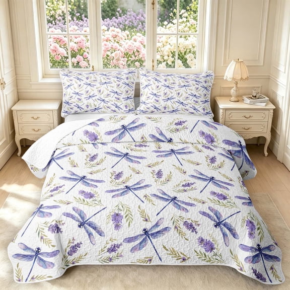 Erosebridal Elegant Dragonfly Twin Quilt Set,Coastal Daisy Flowers Twin Coverlet Set,White Blue,2-Piece,1 Bedspread and 1 Pillowcase