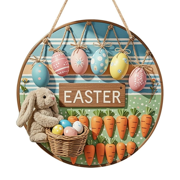 Suizaomo Easter Wooden Door Hanger Sign - 12x12 Inch Happy Easter Wall Sign Decorations, Rustic Easter Decor Wreath Sign with Jute Rope for Spring Home Decorations