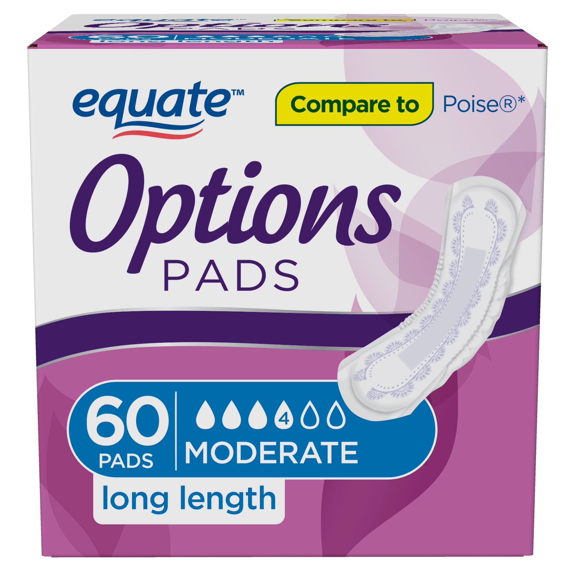 Equate Options Incontinence Pads for Women, Moderate, Long, 60 Count