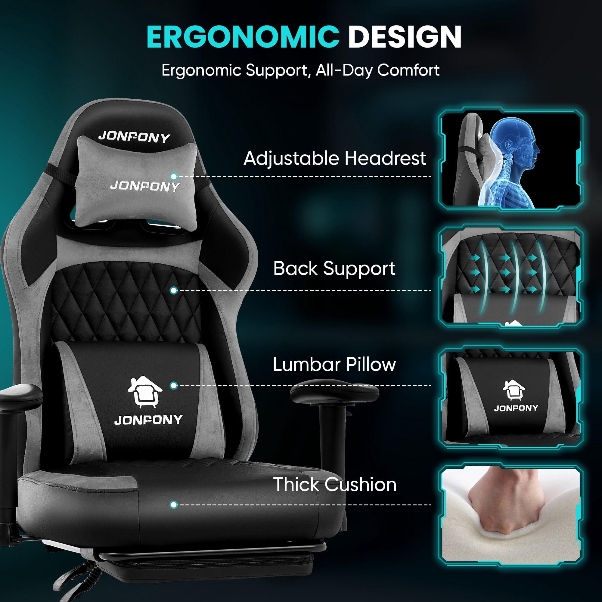 JONPONY Big and Tall 500LBS Ergonomic Gaming Chair, Gamer Chair PU Leather with Footrest and Lumbar Support, High Back Office Chair Support 8 Hours Long Sitting, Computer Chair,2D Armrests，Grey