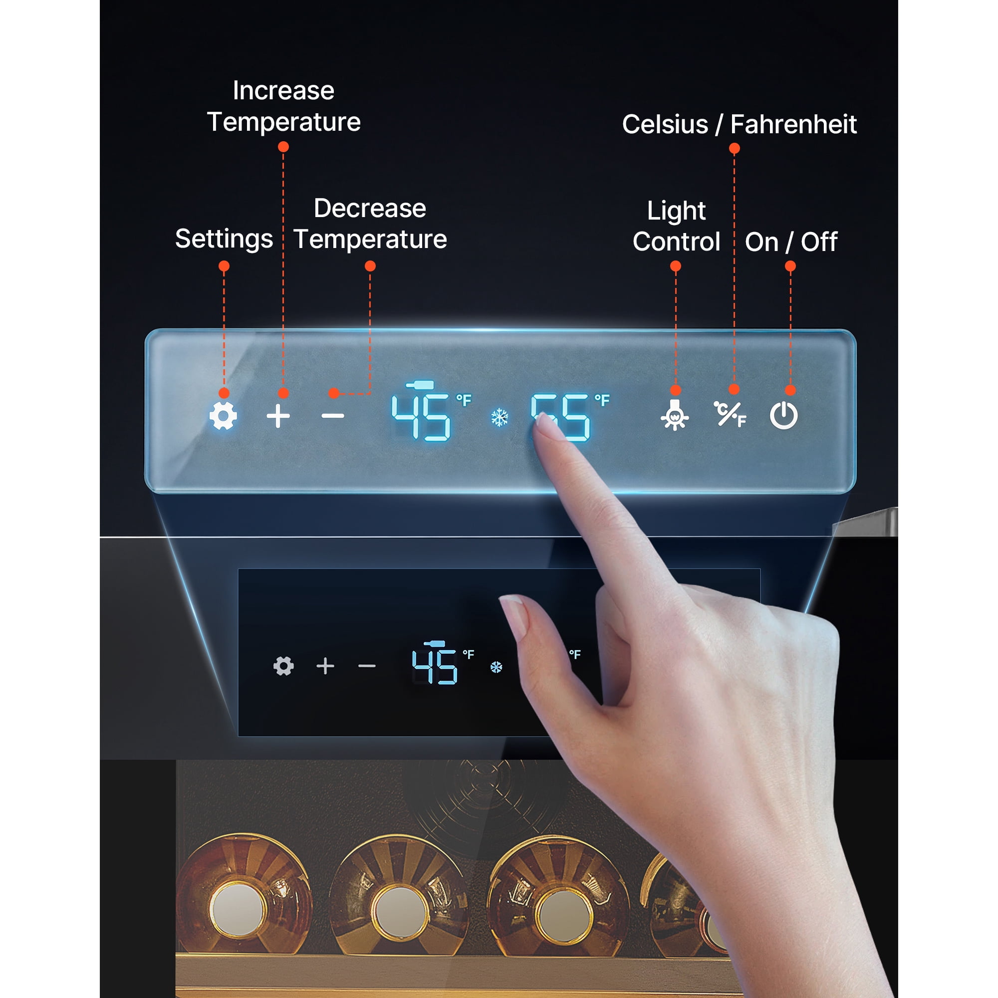 KFFKFF 32 Bottle Wine Fridge, Freestanding Wine Cooler with Dual Temperature Zones, Adjustable 41℉-65℉, Compact Refrigerator with Glass Door for Home, Office, Bar, Ideal for Red, White, Champagne