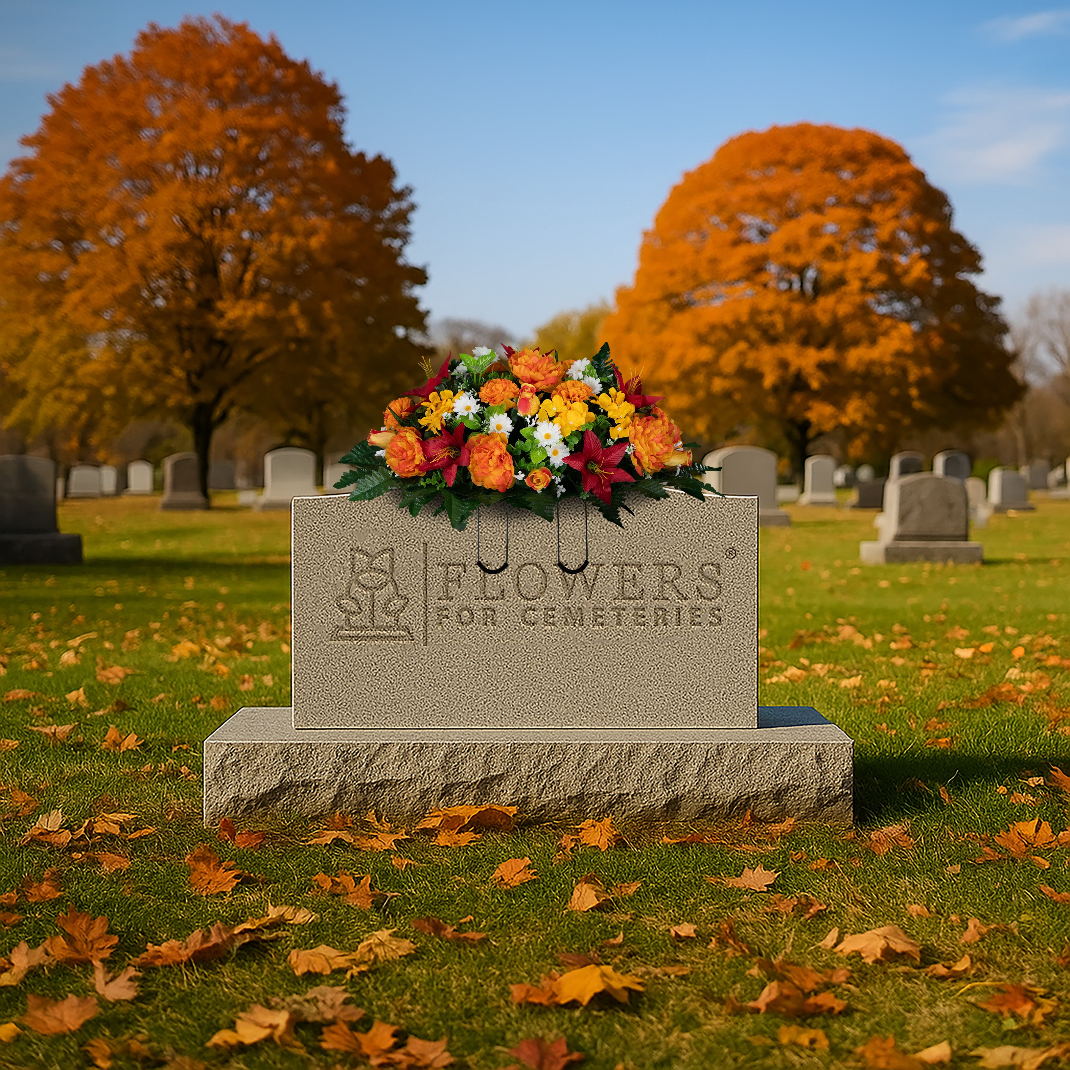 Sympathy Silks Artificial Cemetery Flowers - Red Lily and Sunrise Peony - Outdoor Saddle for Headstone