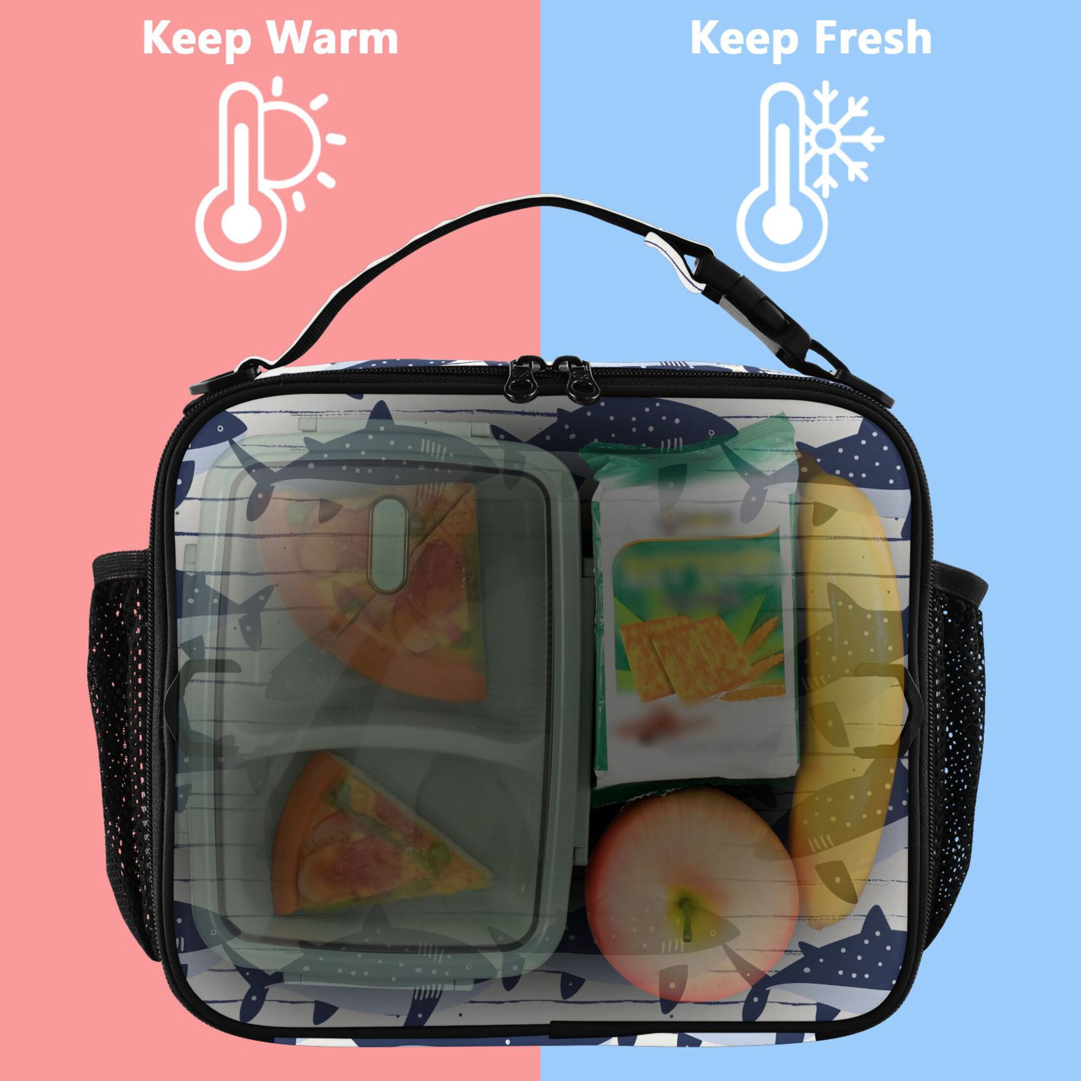ALAZA Cartoon Shark on Strips Lunch Box Insulated Lunch Bag Cooler Tote with Shoulder Strap