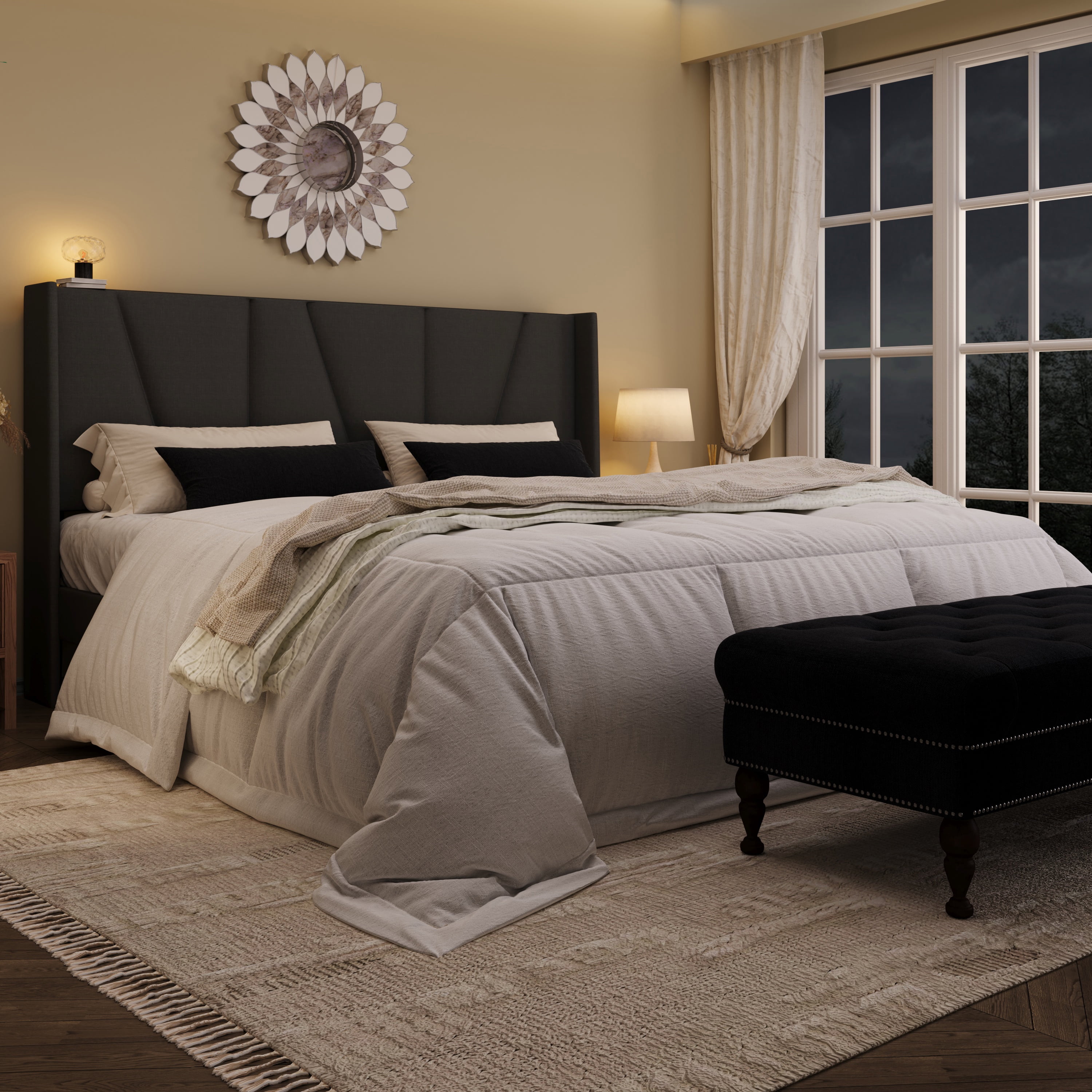 Amolife King Bed Frame, Upholstered Platform Bed with Wingback and Geometric Headboard, Dark Gray
