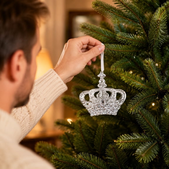 Clear Crown Christmas Tree Ornament with Silver Glitter and Rhinestone Detail for Holiday Tree Hanging Decoration