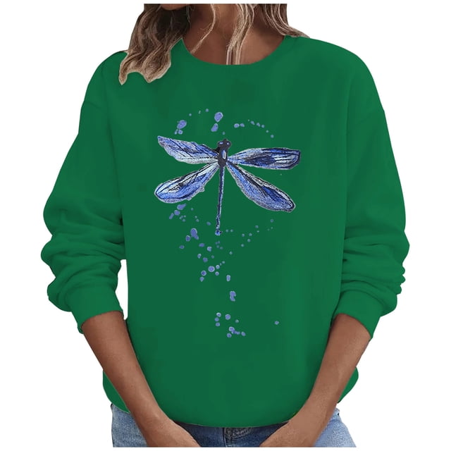 Penkiiy Blouses pour Femmes Hauts d'Automne Manches Longues Chandail Ample Chemise Décontractée Imprimé Poitrine Col Rond Chandails en Molleton Verts Vêtements Y2K