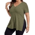 thumbnail image 3 of DYMADE Womens Plus Size Tops Solid Spliced V-Neck Short Sleeve Basic T-Shirt, 3 of 4